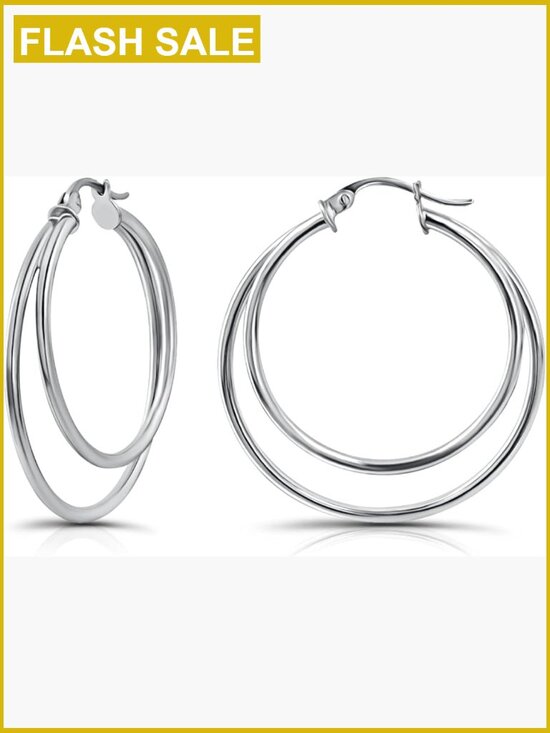 30mm Sterling Silver Double Circle Hoop Earrings Layered Stacked Hoops